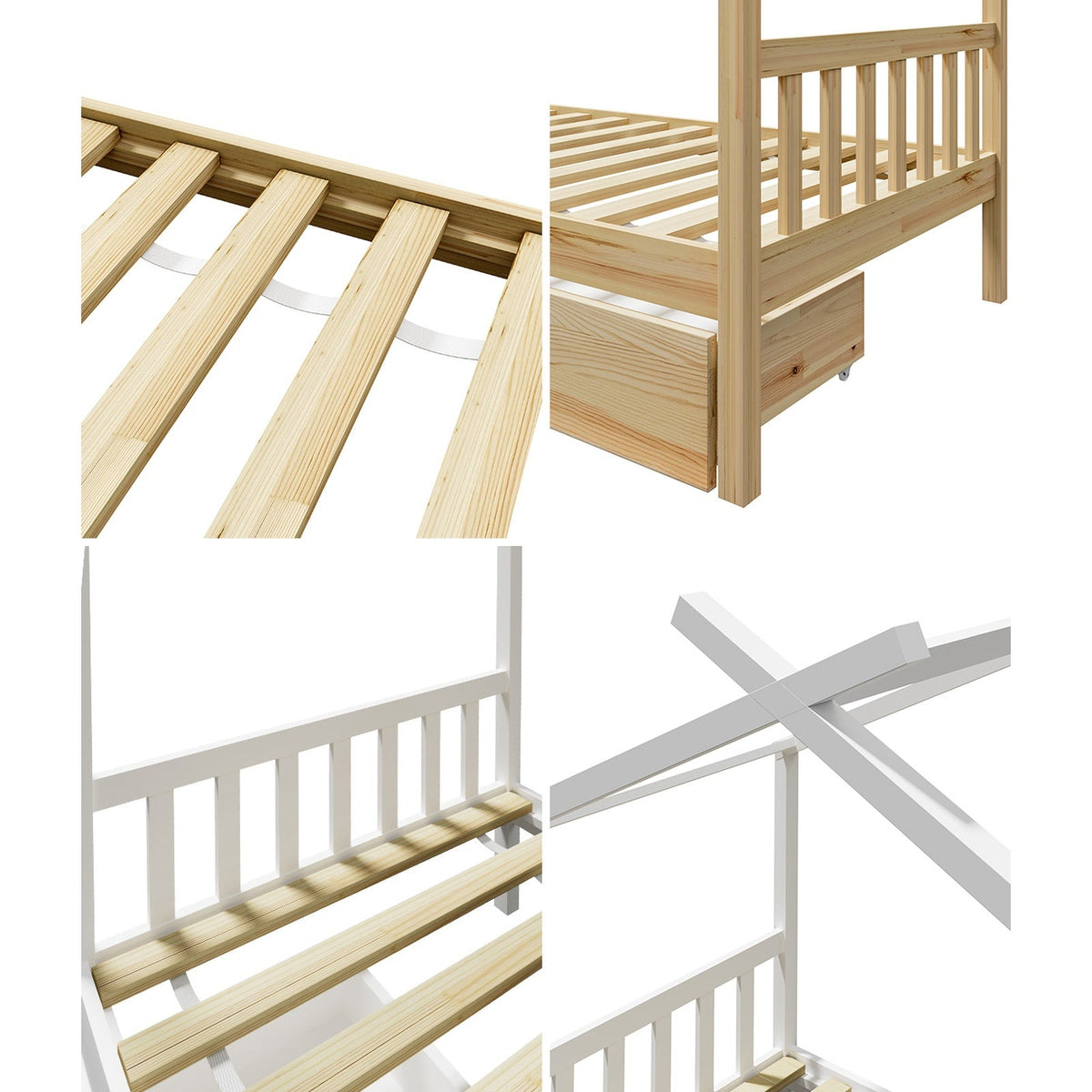 Oikiture Bed Frame Wooden Single Timber House Base Beds Pine Storage Drawers