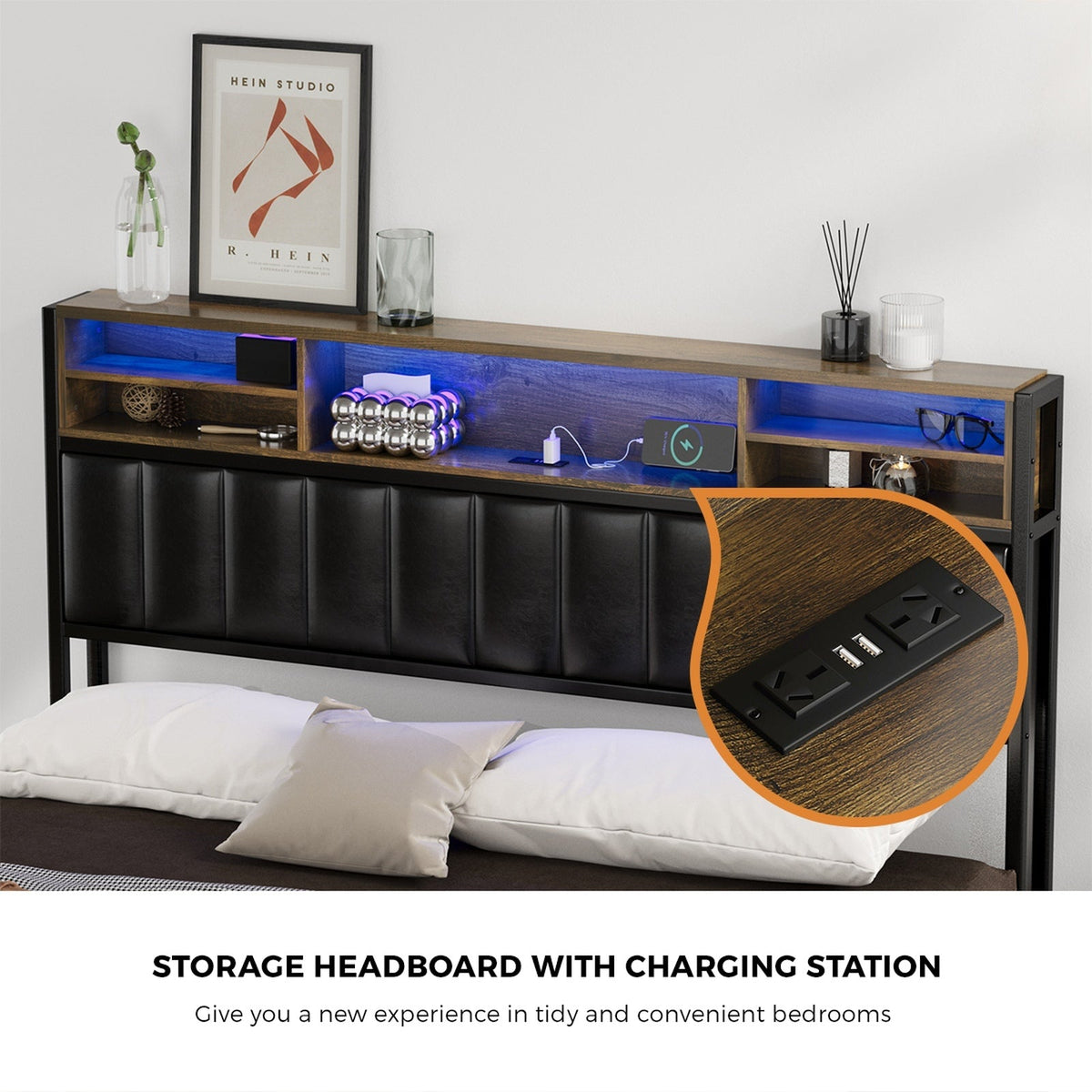 Oikiture Queen Double King Single Bed Frame with LED Headboard 2 Drawers USB