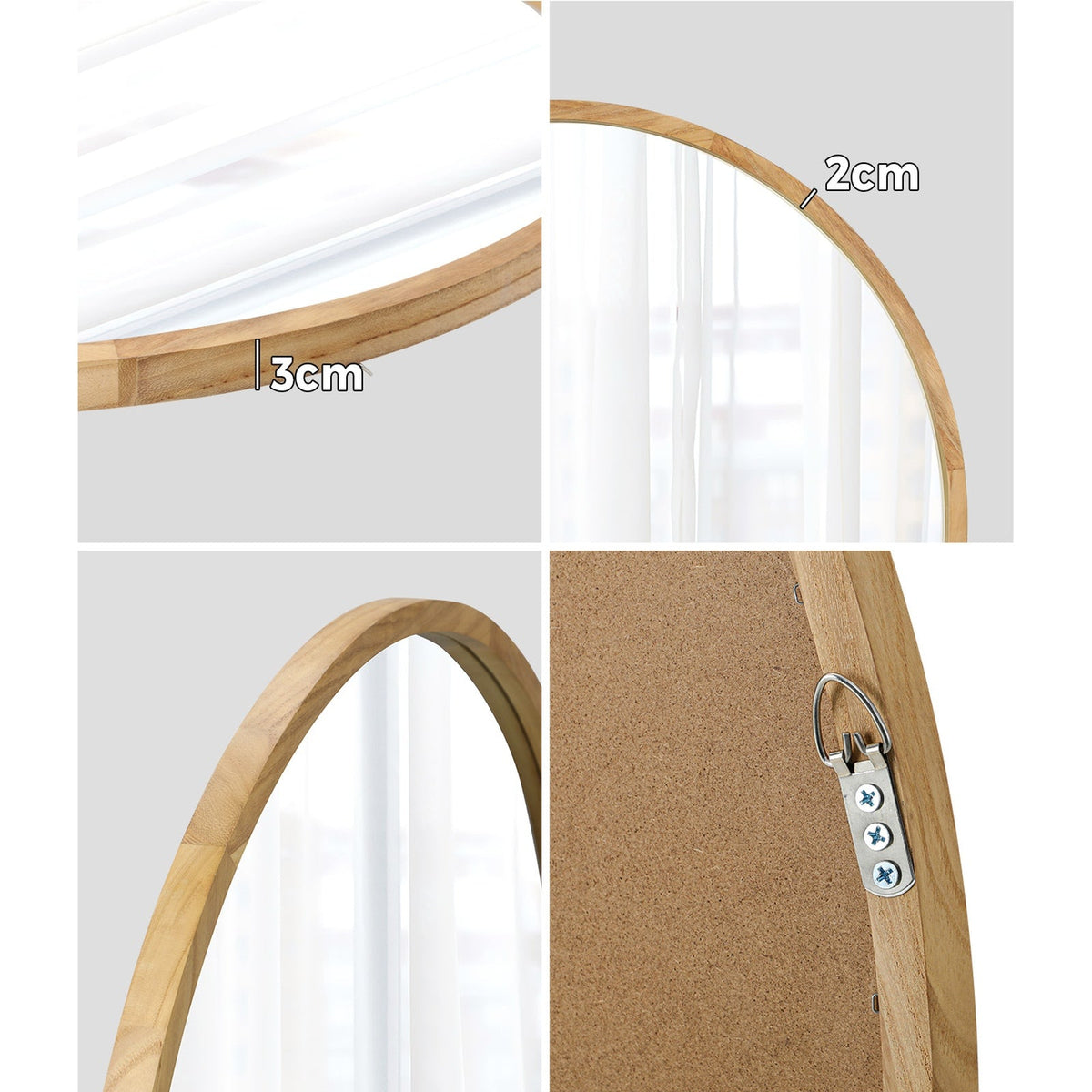 Oikiture 60cm Wall Mirrors Round Makeup Mirror Home Decor Wooden Dining Room