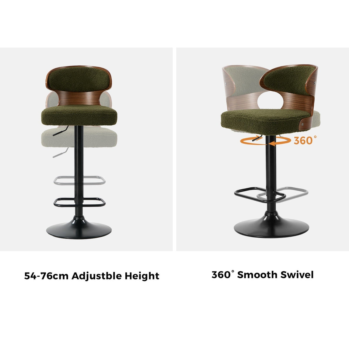 Oikiture 2x Bar Stools Swivel Kitchen Bar Chairs Gas Lift Stool Boucle Green
