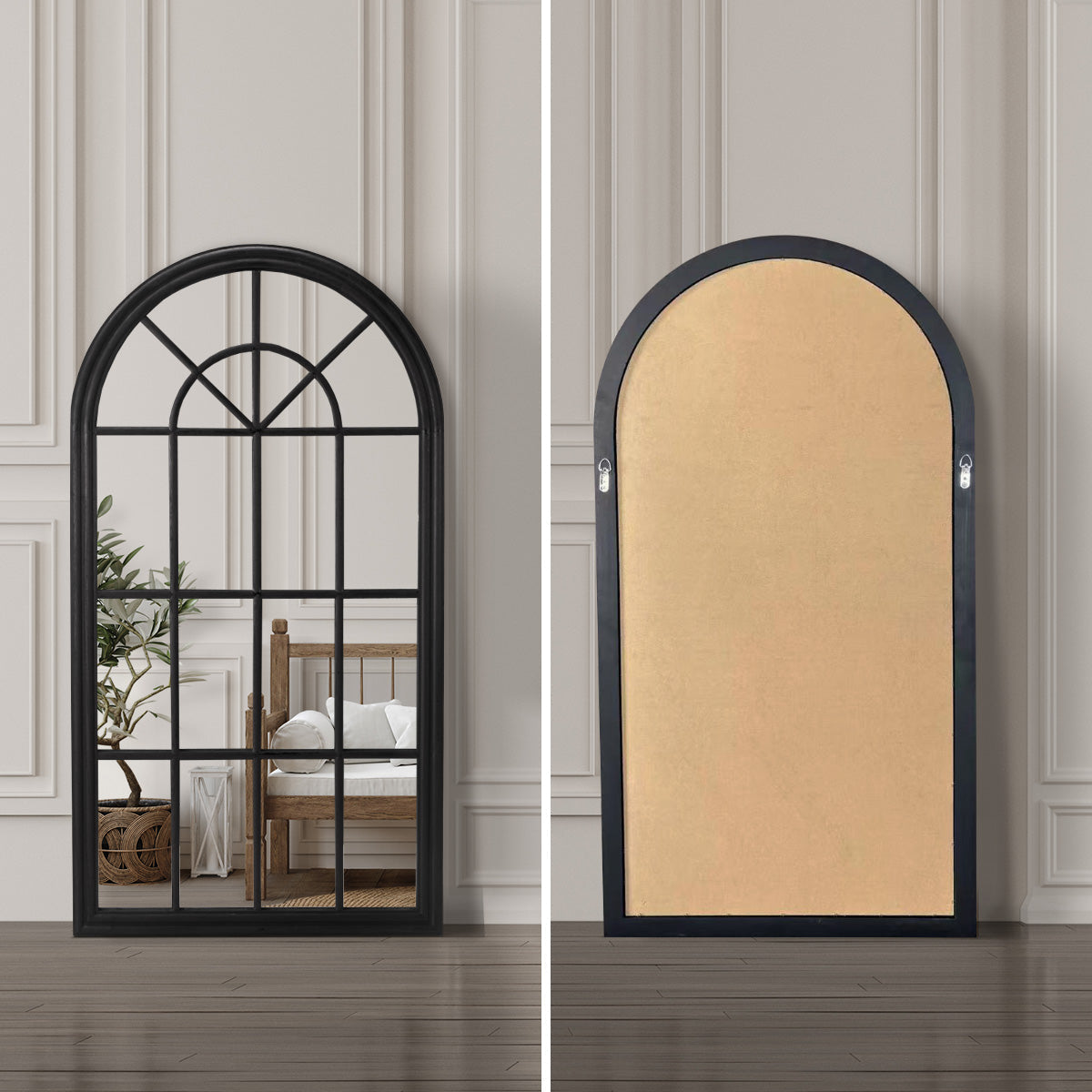 Oikiture Window Mirror Arched Wall Mirrors Decor 76x51cm Wooden Black
