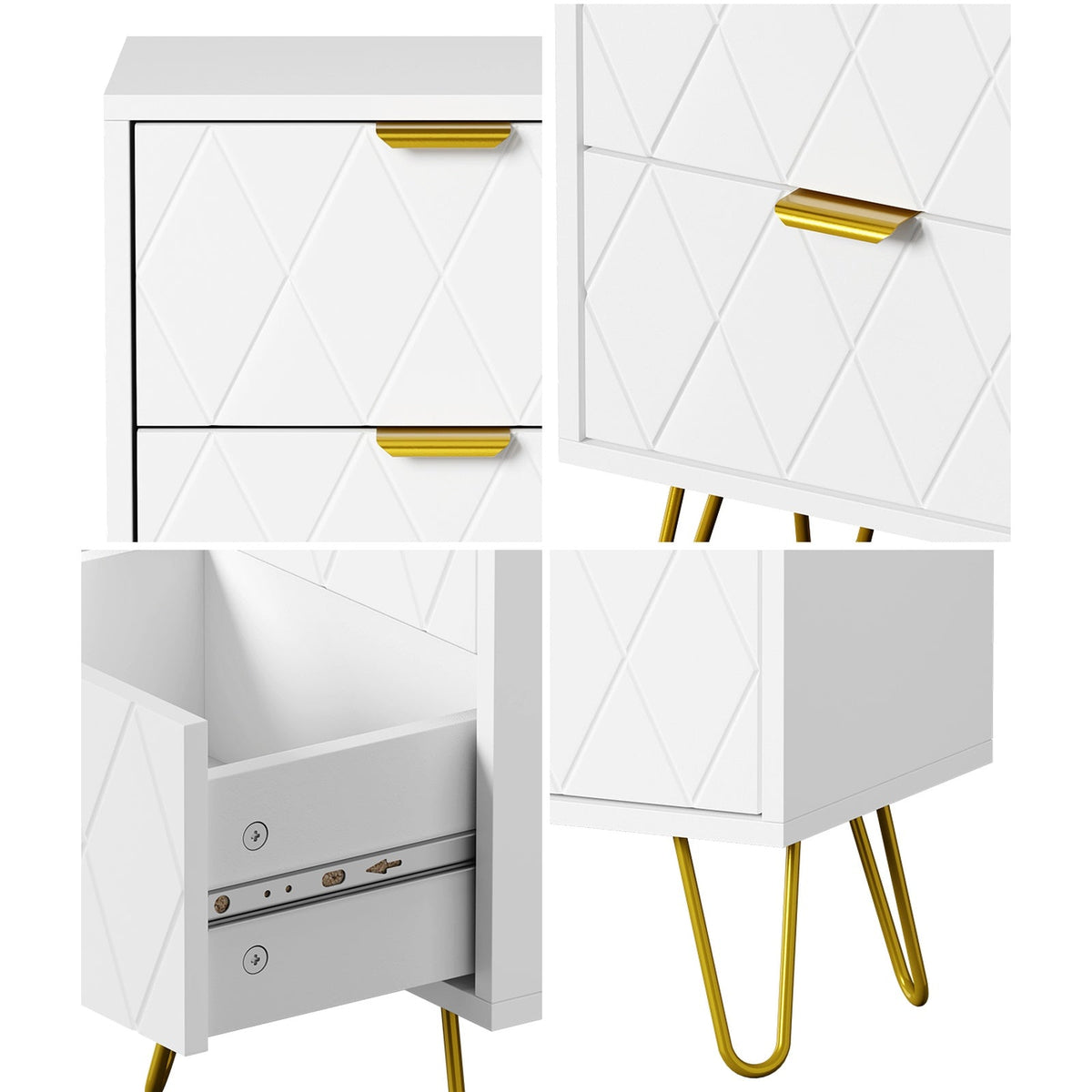Oikiture Bedside Table 2 Drawers Gold Metal Nightstand Storage Cabinet White