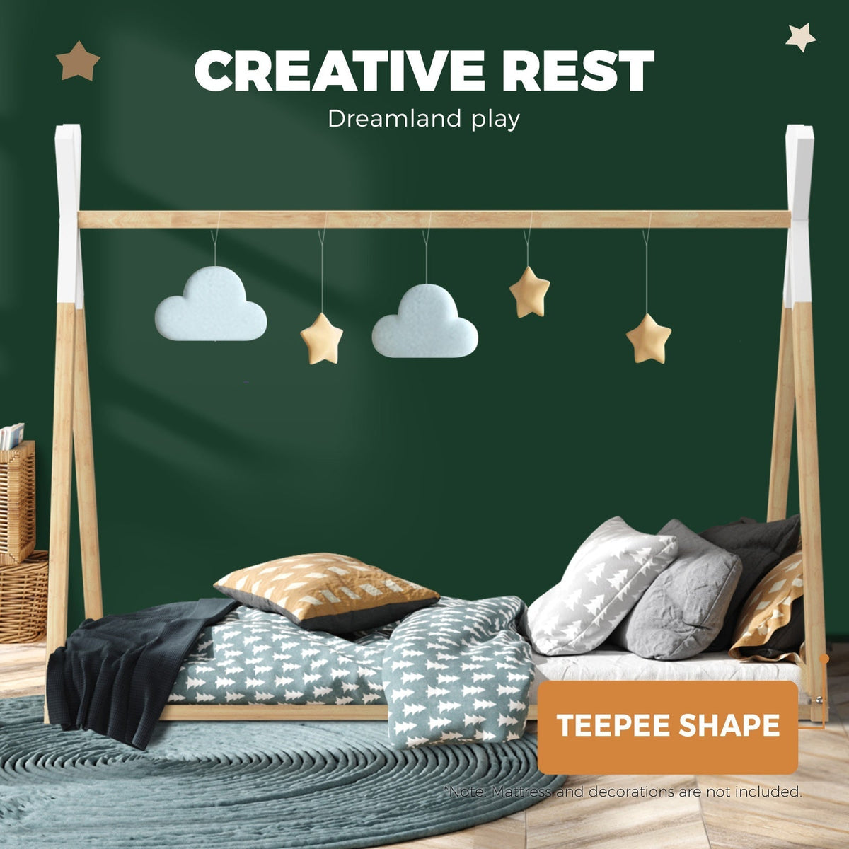 Oikiture Wooden Bed Frame Single Timber Teepee Bedframe Mattress Base Platform