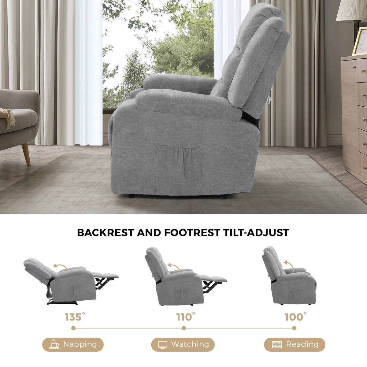 Oikiture Recliner Chair ArmChair Padded Lounge With Side Pocket Polyester/PU