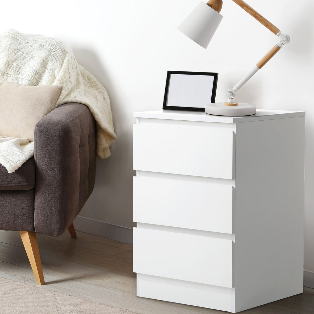Oikiture Bedside Table 3 Drawers Side Tables Storage Cabinet Nightstand
