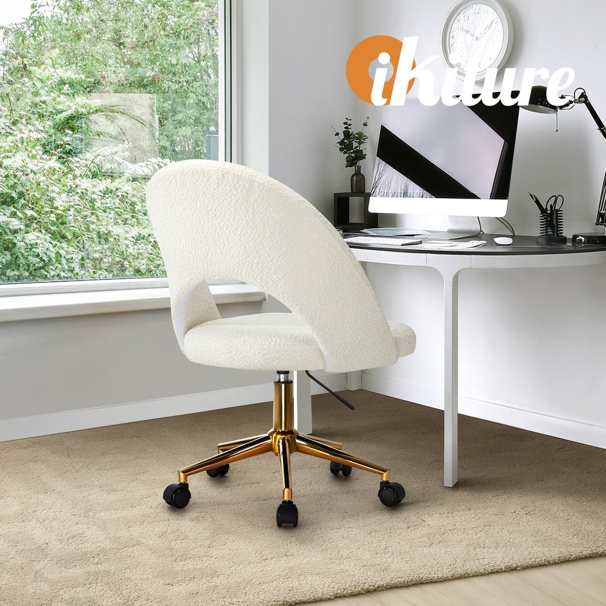 Oikiture High Back Hollow Armless Home Office Chair Boucle White and Gold