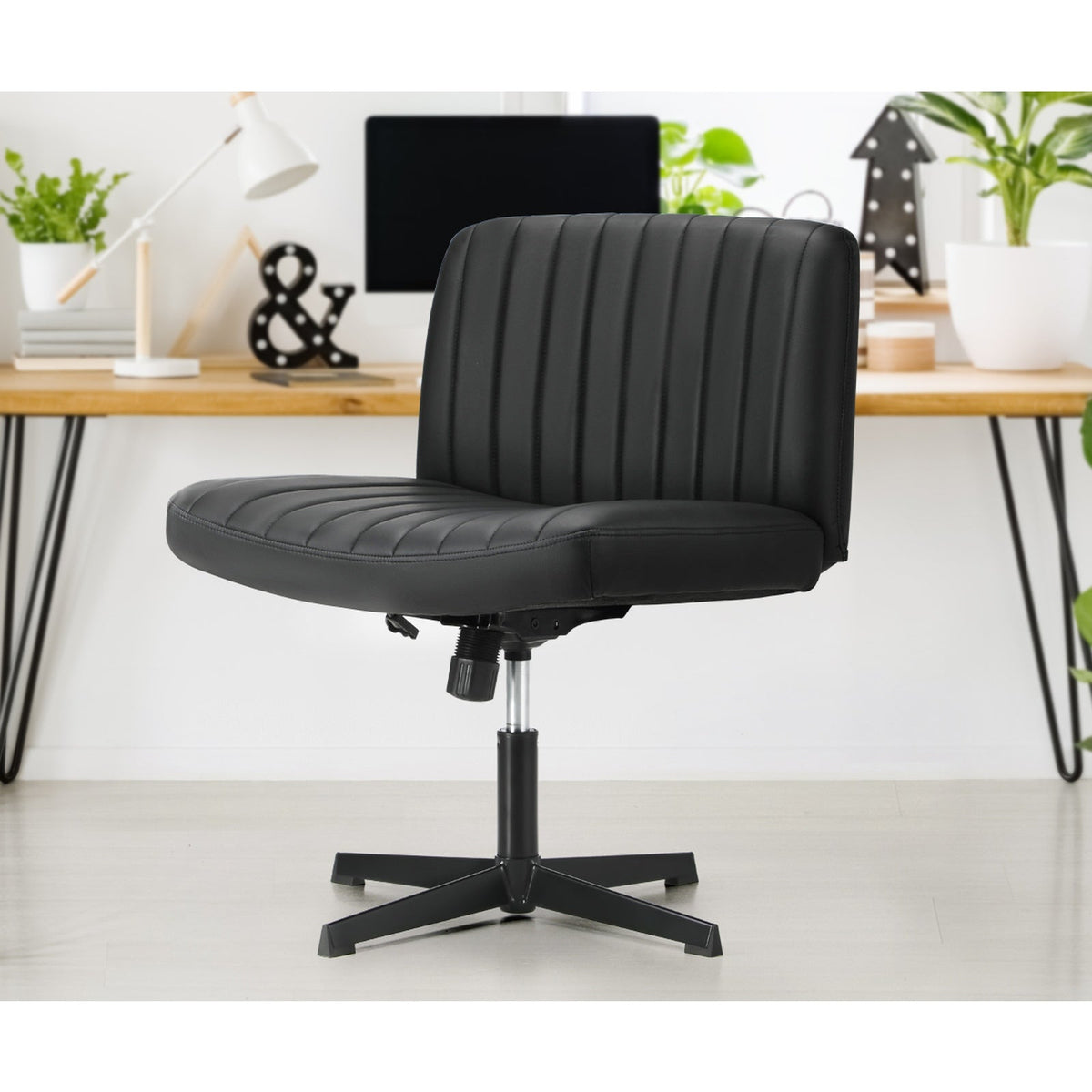 Oikiture Mid Back Armless Office Desk Chair Wide Seat PU Leather Black