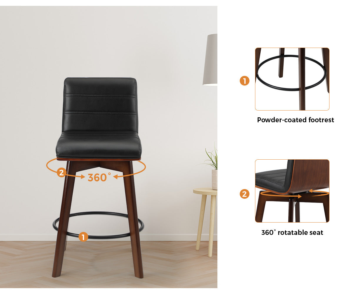 Oikiture 2x Wooden Bar Stools Kitchen Counter Swivel Dining Chair PU Leather