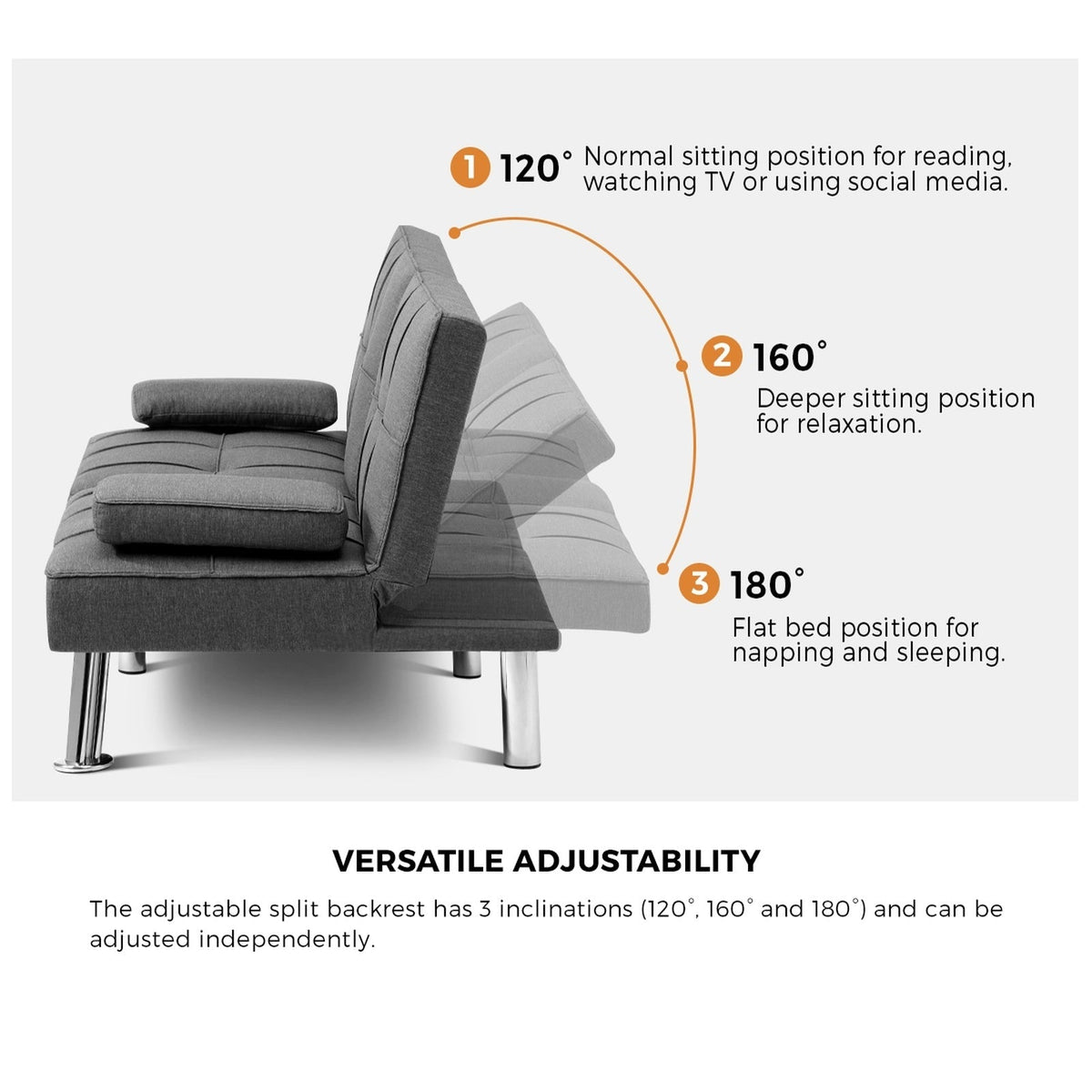 Oikiture Sofa Bed Lounge 3 Seater Futon Couch Recliner Cup Holder Sofabed Seat