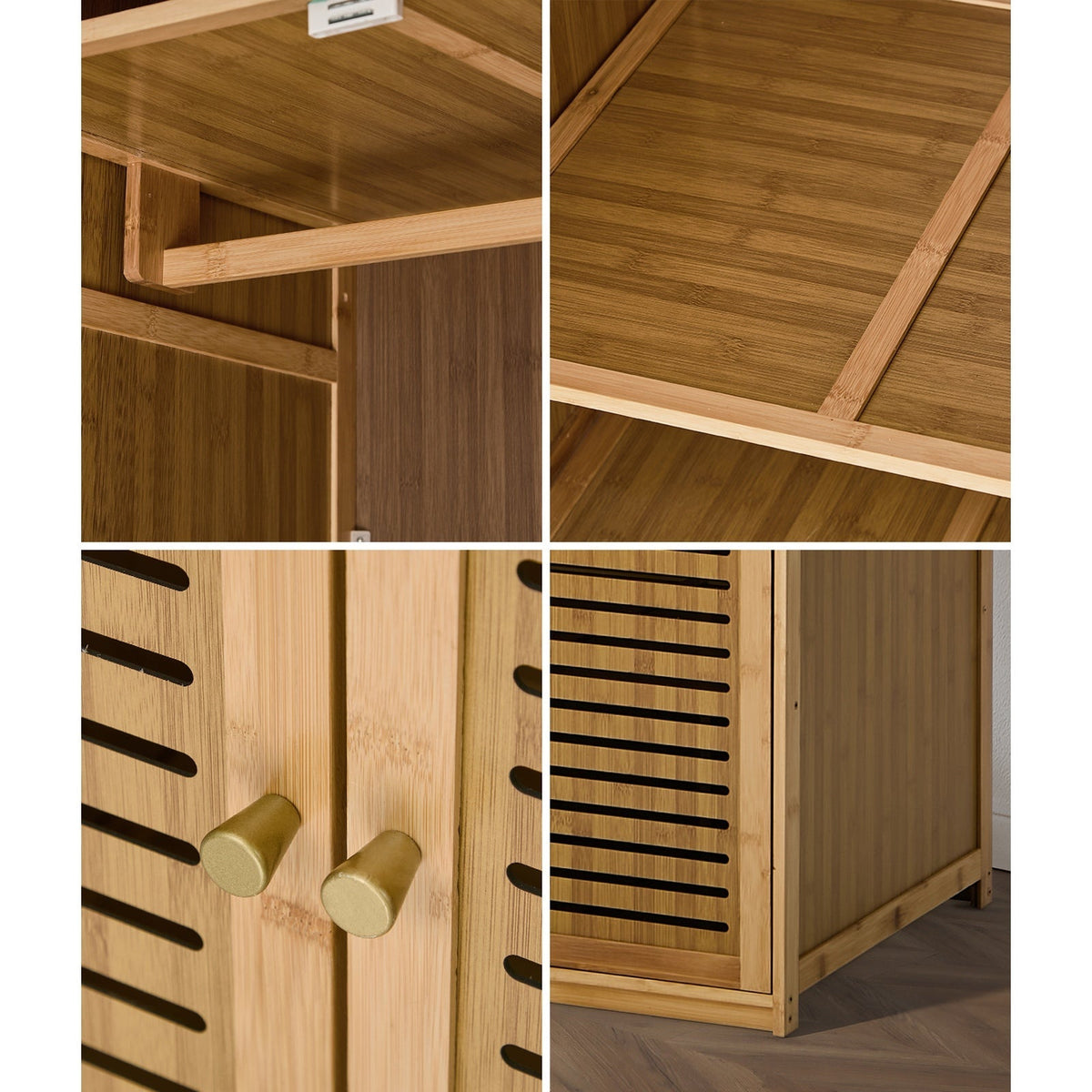 Oikiture Bamboo Wardrobe 4 Doors Clothes Storage Cabinet Hanging Rod Natural