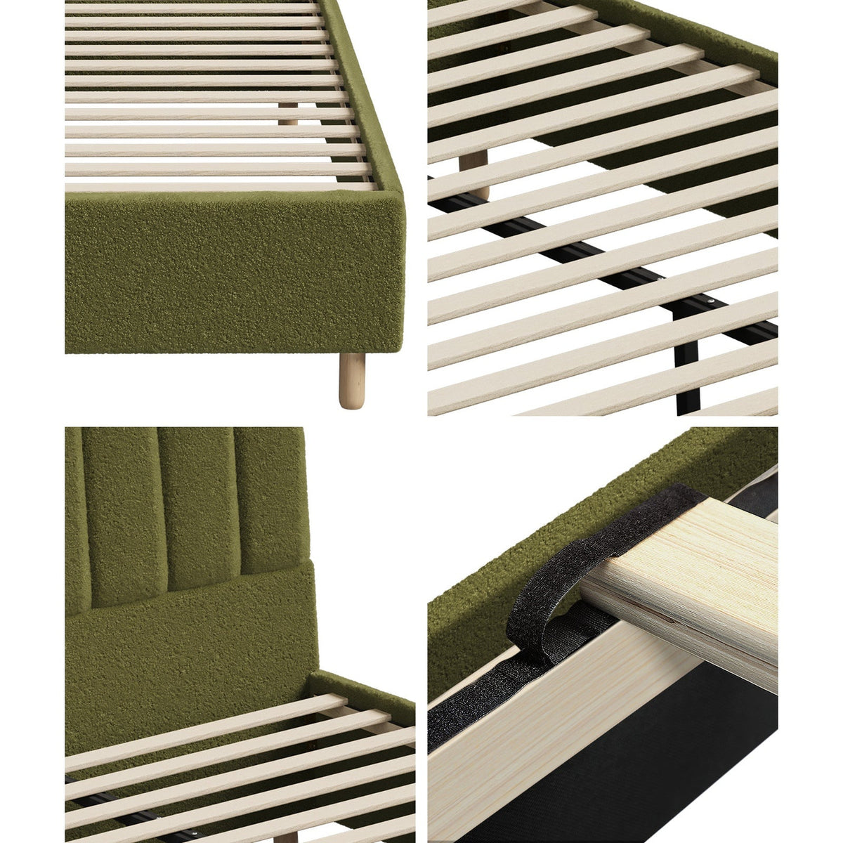 Oikiture Bed Frame Queen Size Stripe Headboard Wooden Slats Base Boucle Green