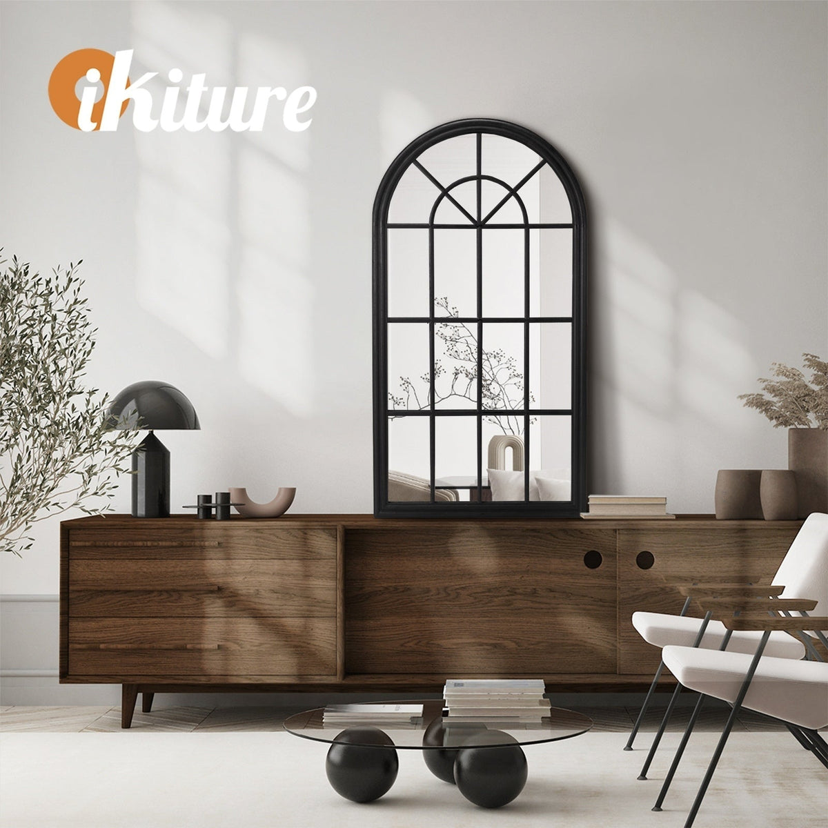 Oikiture Window Mirror Arched Wall Mirrors Decor 76x51cm Wooden Black