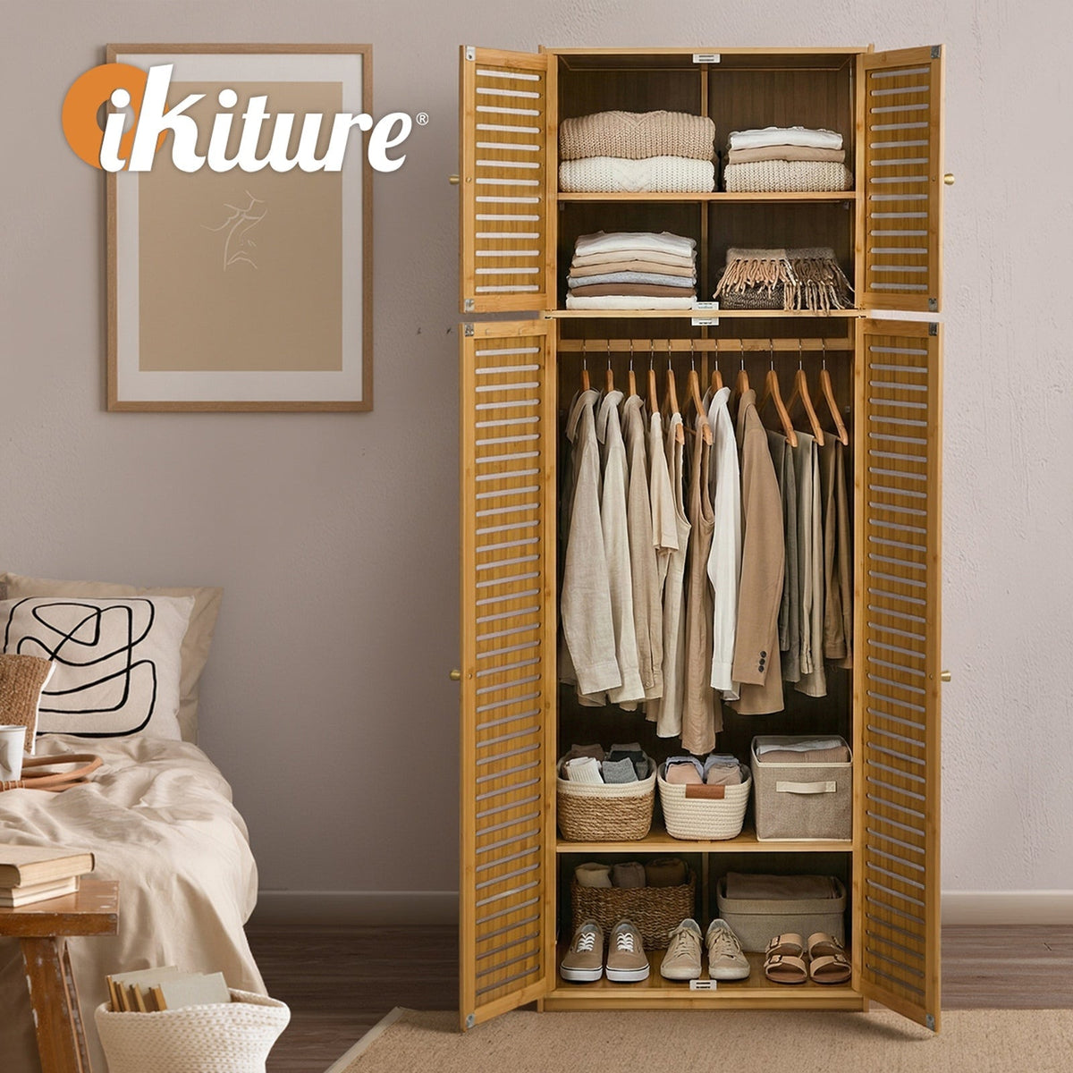 Oikiture Bamboo Wardrobe 4 Doors Clothes Storage Cabinet Hanging Rod Natural
