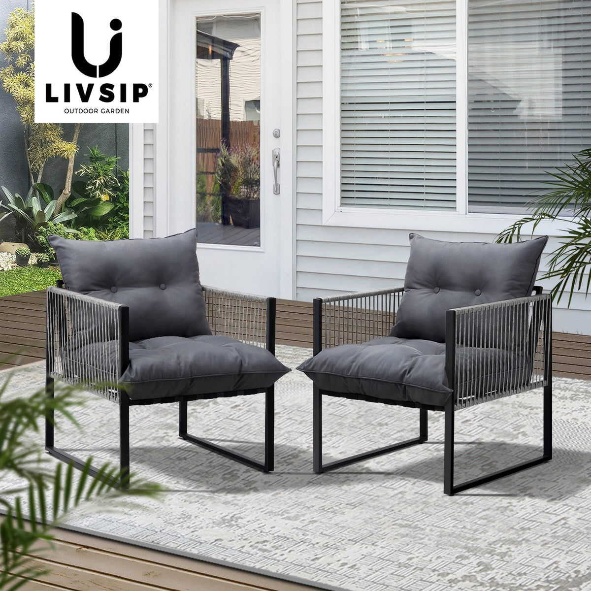 Livsip 2PCS Outdoor Furniture Patio Chairs Garden Lounge Sofa Set PE Wicker Grey