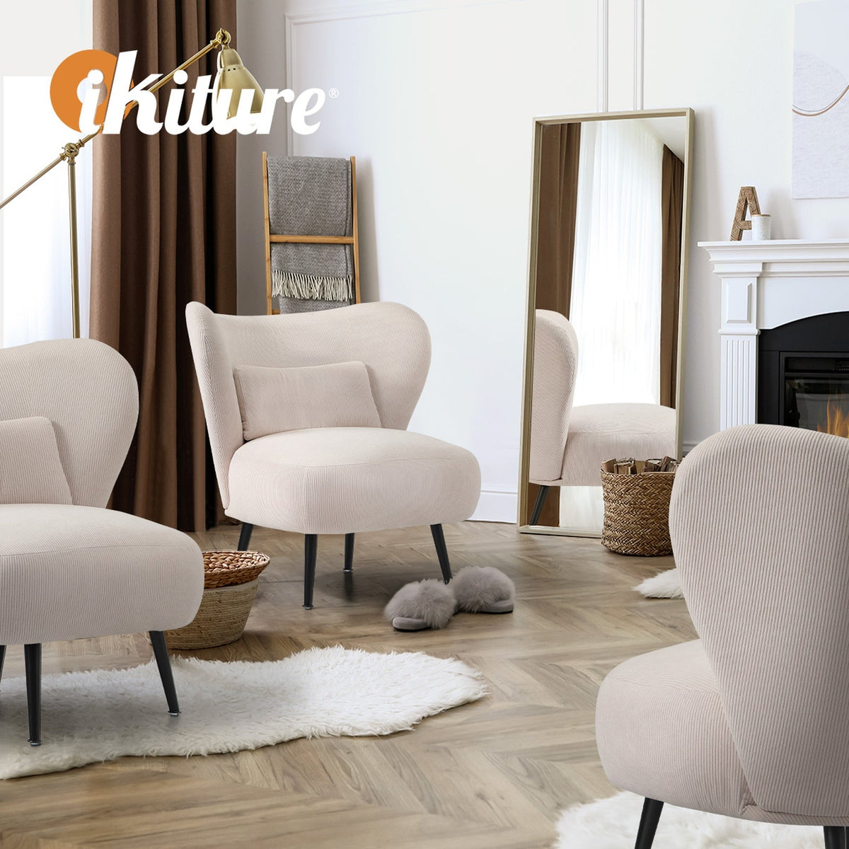 Oikiture Armchair Lounge Chair with Lumbar Pillow Wingback Velvet Beige