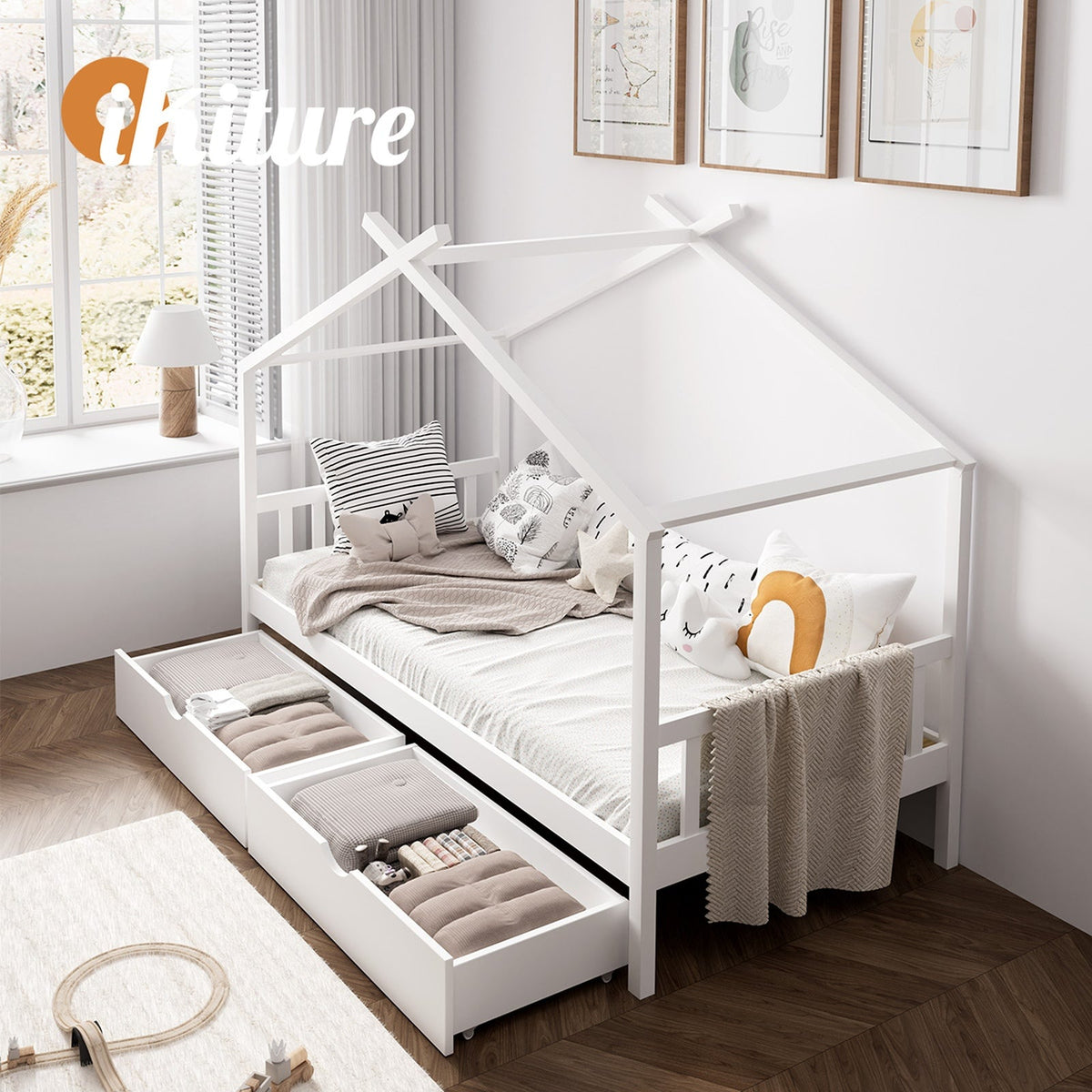 Oikiture Bed Frame Wooden Single Timber House Base Beds Pine Storage Drawers