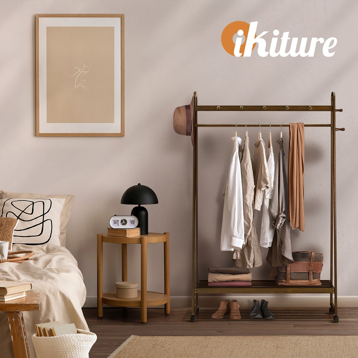Oikiture Clothes Rack Garment Coat Stand Hanging Rail Bamboo Portable Wheels