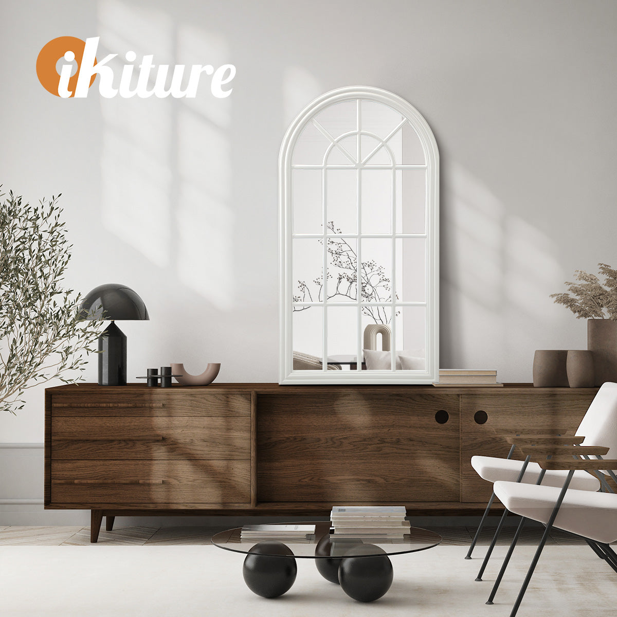 Oikiture Window Mirror Arched Wall Mirrors Decor 76x51cm Wooden White