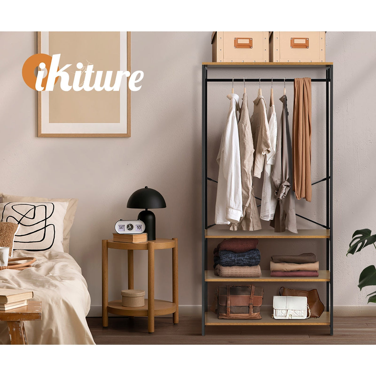 Oikiture Clothes Rack Open Wardrobe Garment Coat Hanging Rail Metal 4 shelves