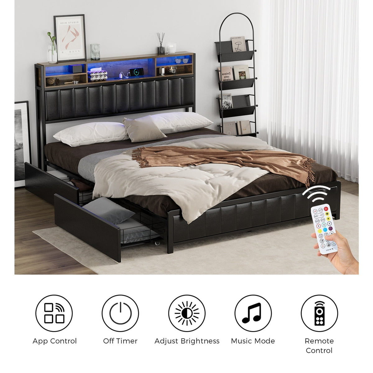 Oikiture Queen Double King Single Bed Frame with LED Headboard 2 Drawers USB