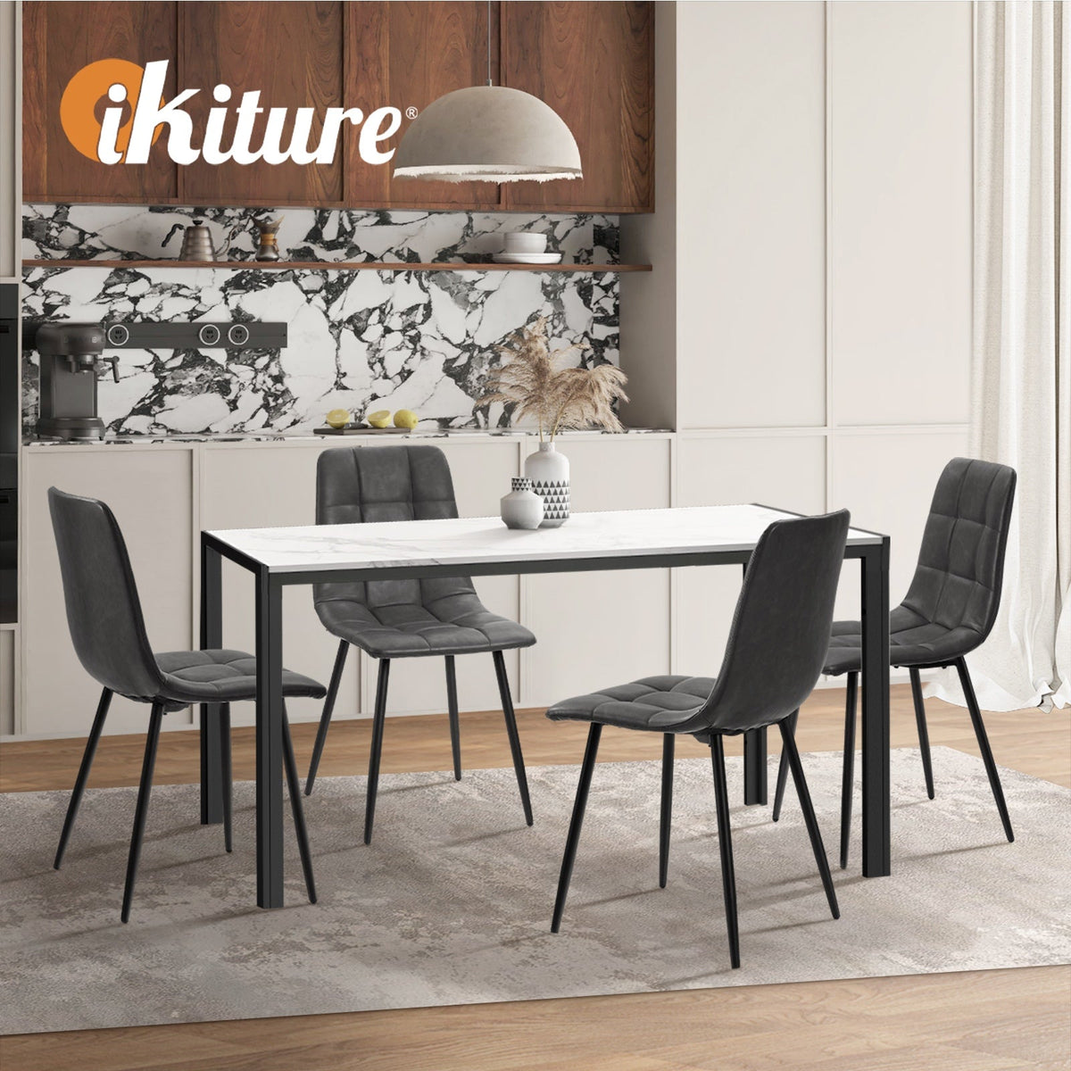 Oikiture 4x Padded Dining Chairs Kitchen PU Leather Seat Retro Grey