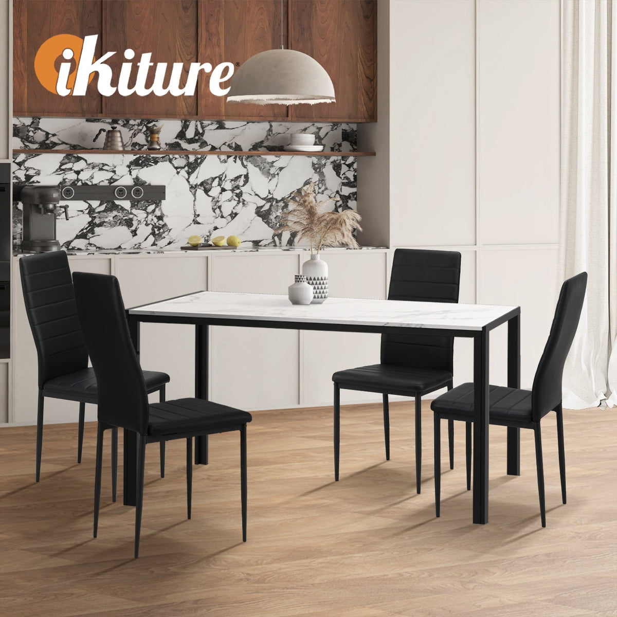 Oikiture 120cm Dining Table Rectangular Kitchen Table with Metal Leg White and Black