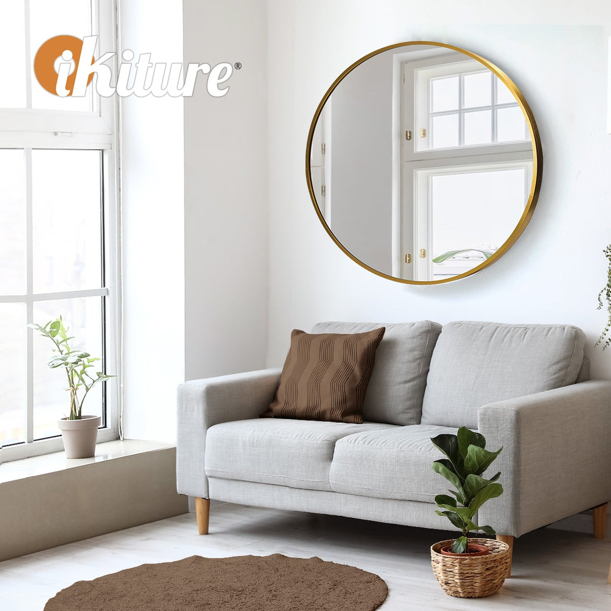 Oikiture Wall Mirrors Round Makeup Mirror Vanity Home Decor 50cm Wooden