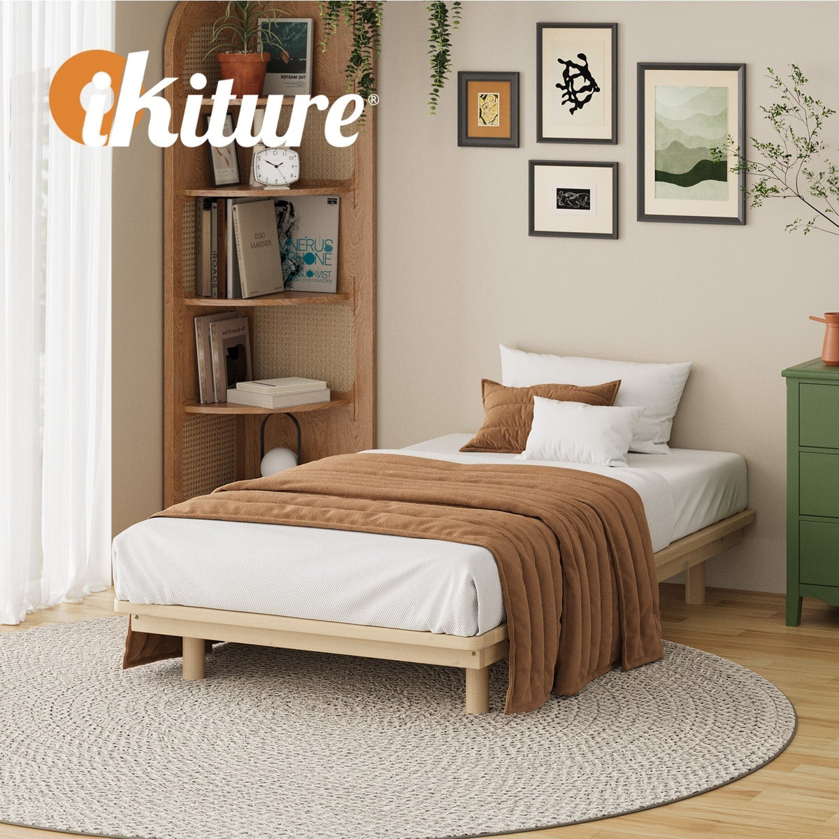 Oikiture Bed Frame Single Size Wooden Bed Base Timber Floating Beds