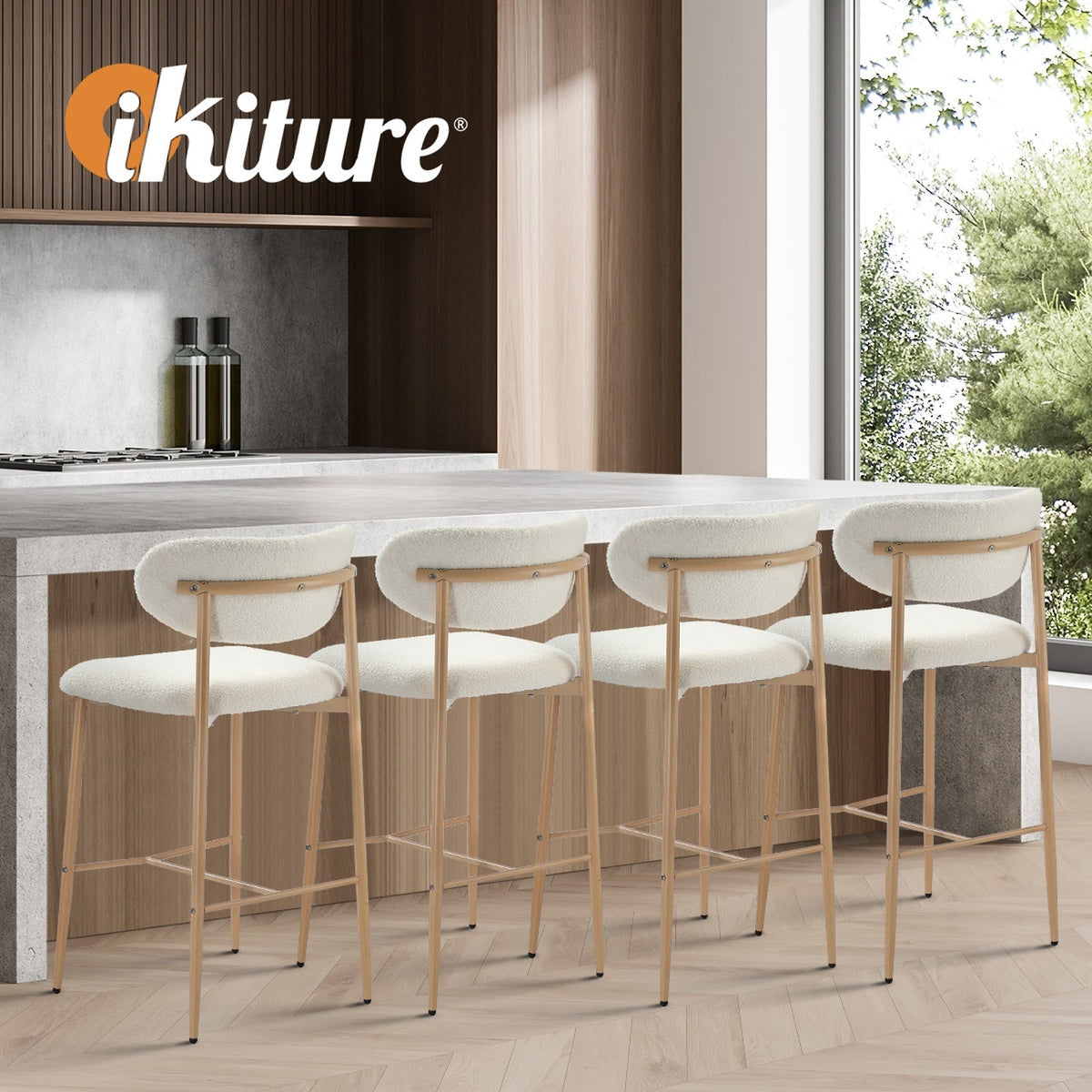 Oikiture 2x Bar Stools Kitchen Stool Counter Chair Boucle Fabric Natural