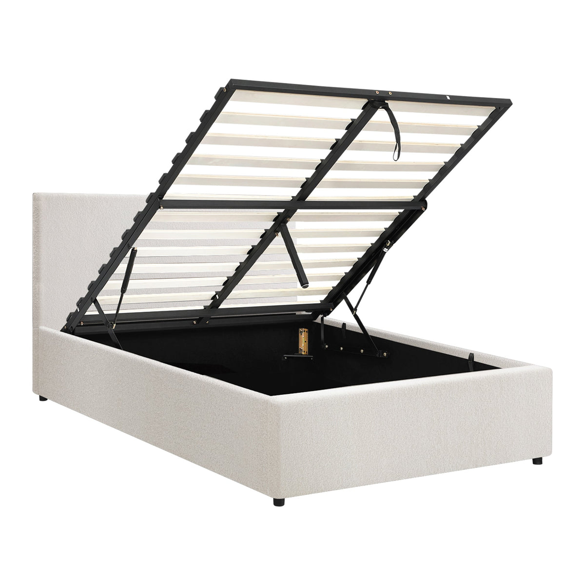 Oikiture Bed Frame Single Size Gas Lift Base With Storage White Boucle