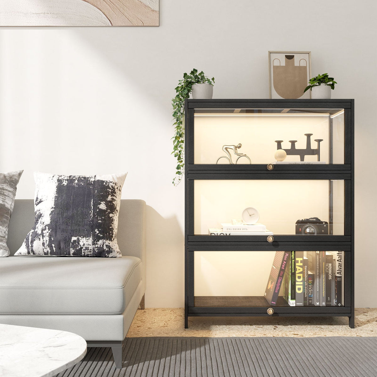 Oikiture Display Cabinet Storage 3-Tier Shelves Clear Bookcase Stand Rack Black