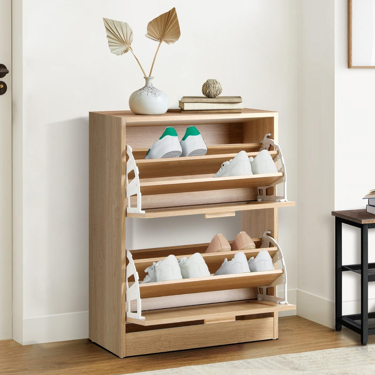 Oikiture Shoe Cabinet Storage 2 Doors Shoes Rack Organiser Rattan Shelf 30 Pairs