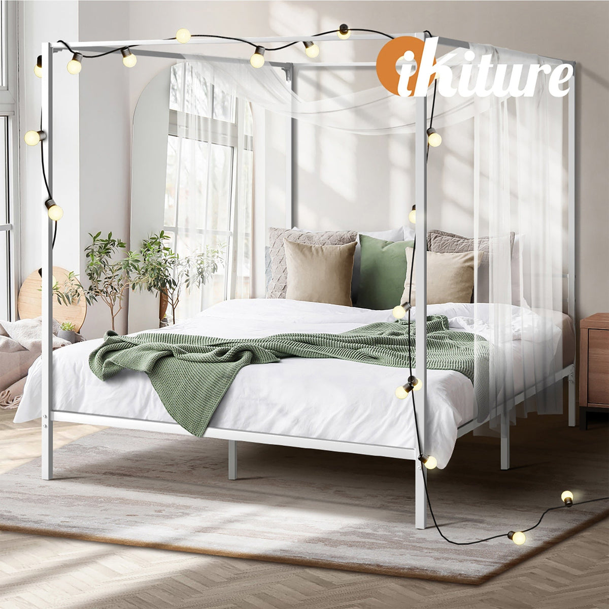 Oikiture Metal Bed Frame Queen Double Single Size Canopy Beds Platform