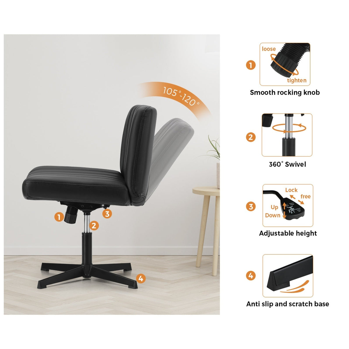 Oikiture Mid Back Armless Office Desk Chair Wide Seat PU Leather Black
