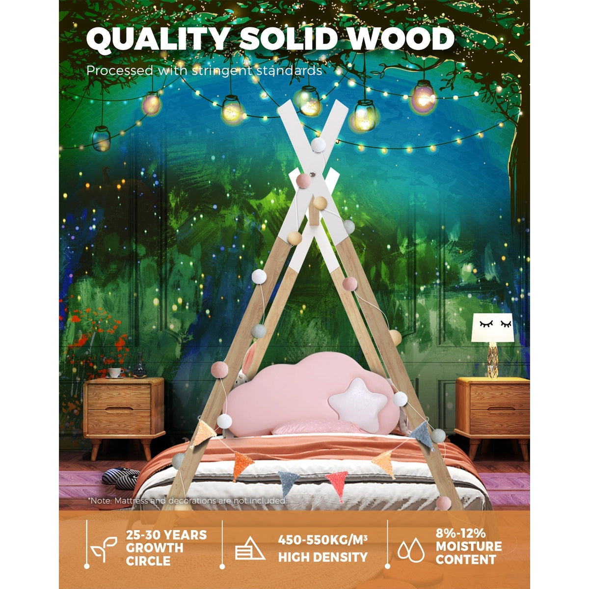Oikiture Wooden Bed Frame Single Timber Teepee Bedframe Mattress Base Platform