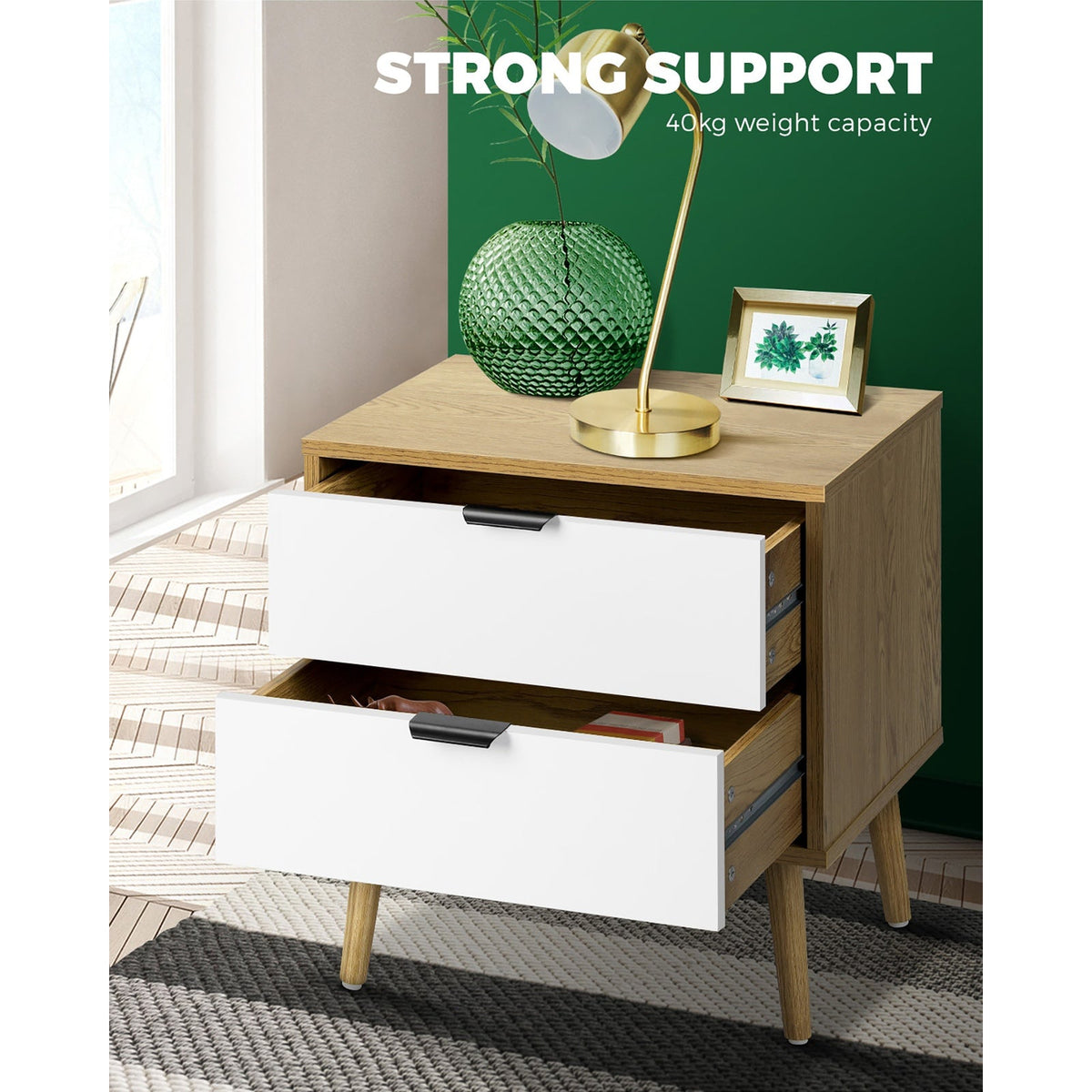 Oikiture Bedside Tables 2 Drawers Side Table Nightstand Storage Cabinet Wood