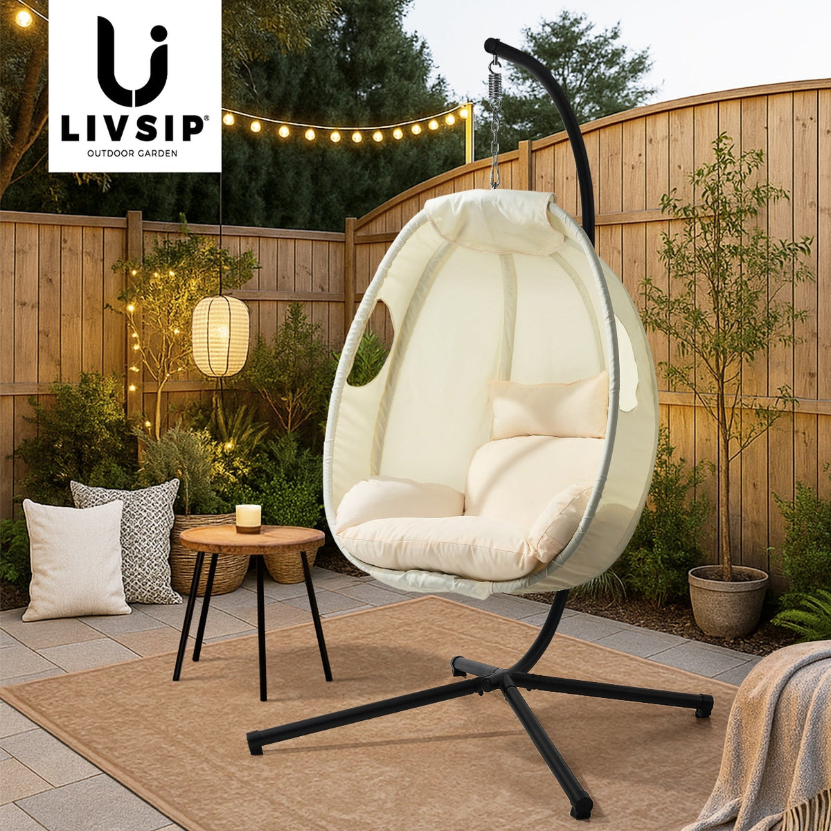 Livsip Outdoor Egg Hanging Chair Swing Seat Furniture with Stand Cushions Beige
