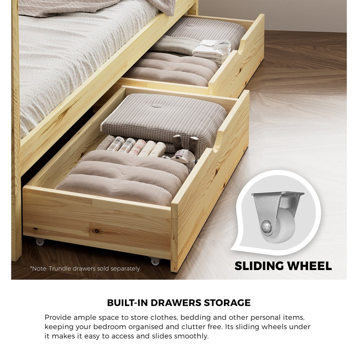 Oikiture Bed Frame Wooden Single Timber House Base Beds Pine Storage Drawers