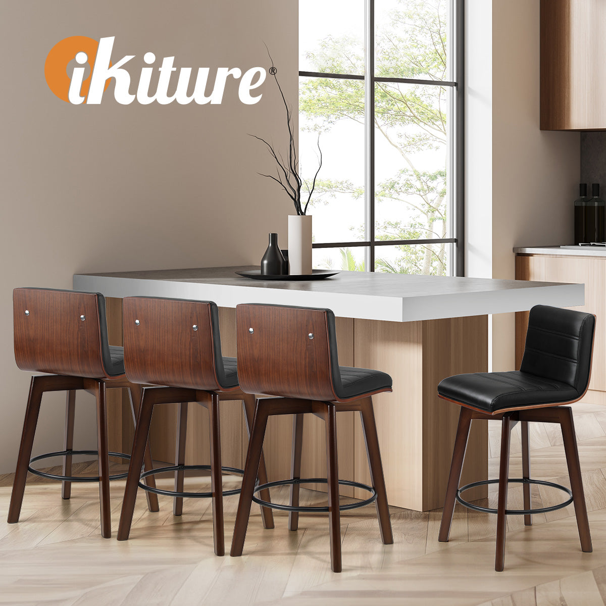 Oikiture 2x Wooden Bar Stools Kitchen Counter Swivel Dining Chair PU Leather