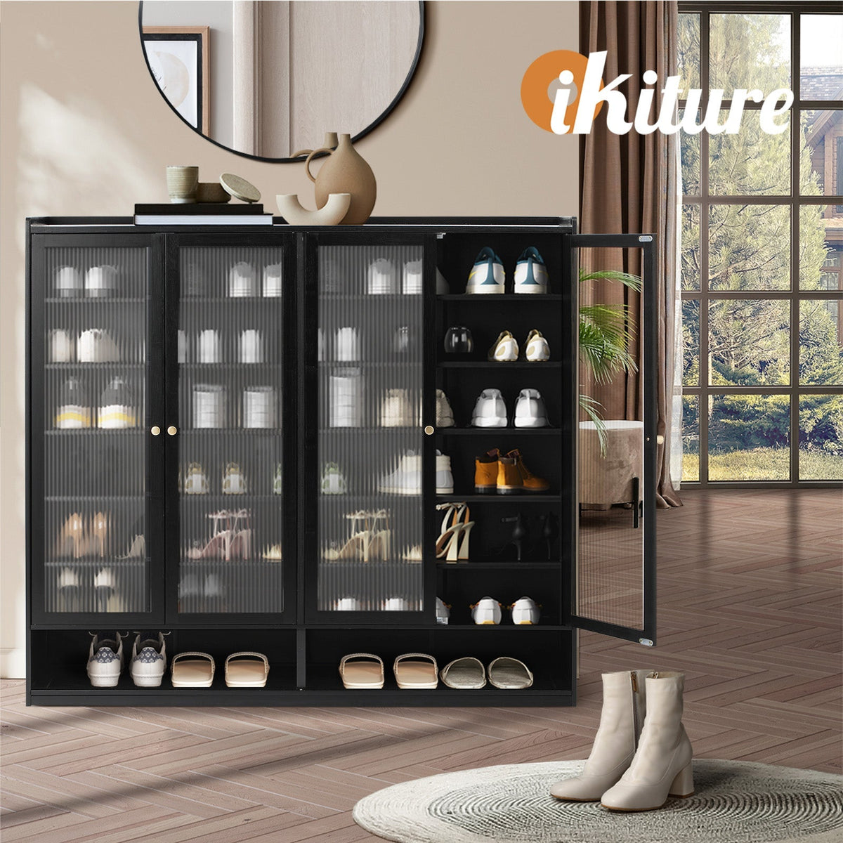 Oikiture Shoe Cabinet Shoes Storage Rack Organiser 4 Doors Shelf Black