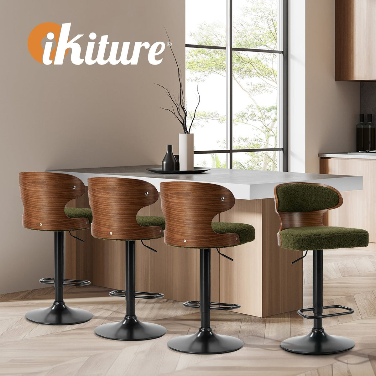 Oikiture 2x Bar Stools Swivel Kitchen Bar Chairs Gas Lift Stool Boucle Green