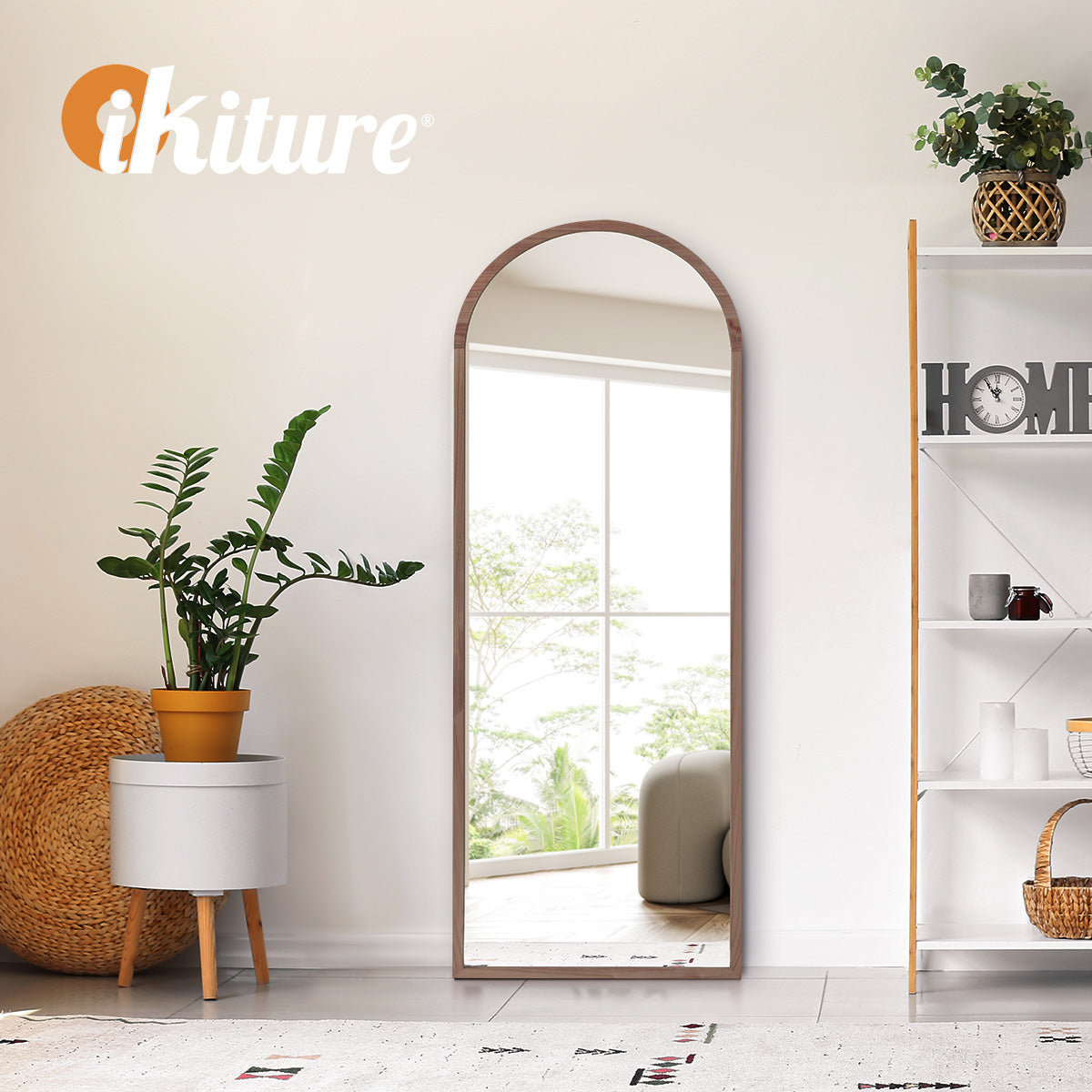 Oikiture Wooden Full Length Mirror 180x70cm Arched Dressing Floor Mirrors Brown