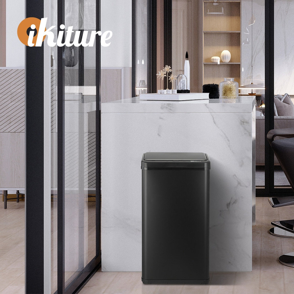 Oikiture 40L Motion Sensor Rubbish Bin Kitchen Waste Can Stainless Steel Black