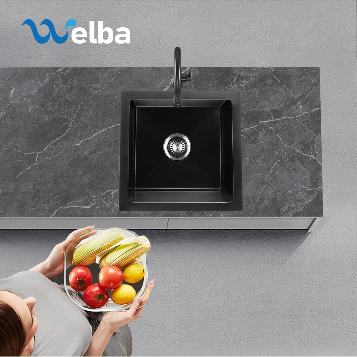 Welba Kitchen Sink Stone Sink Granite Laundry Basin Single Bowl 45cmx45cm Black