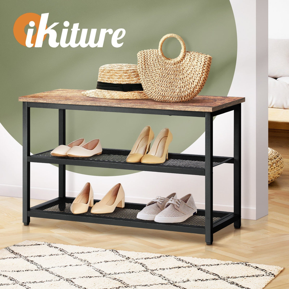 Oikiture Shoe Cabinet Bench Shoes Rack Shelf Storage 3-Tier Industrial Furniture