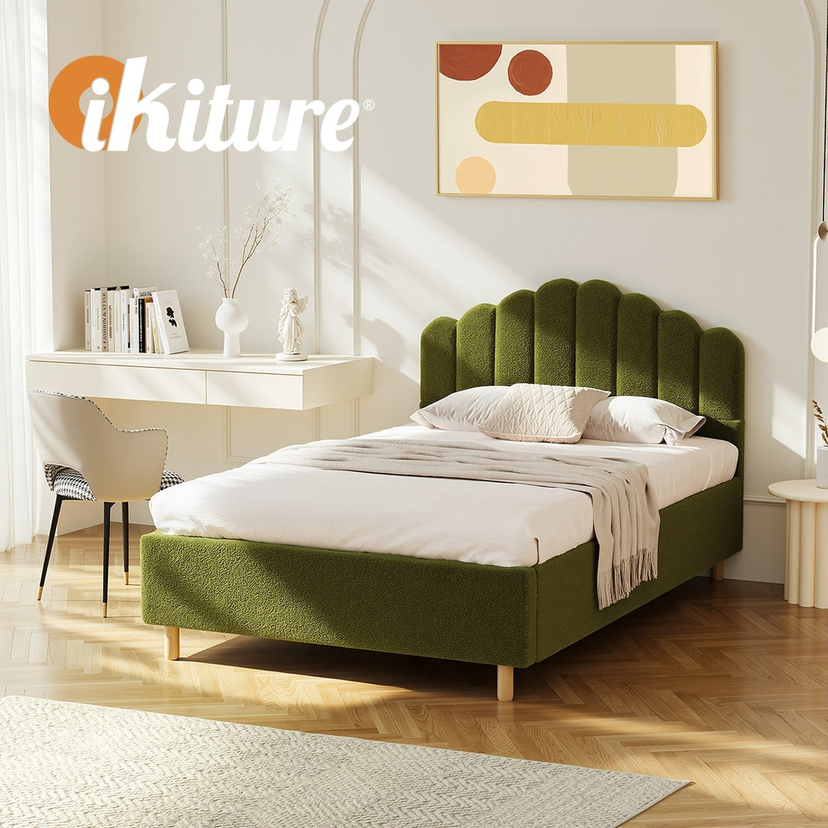 Oikiture Bed Frame Queen Size Stripe Headboard Wooden Slats Base Boucle Green
