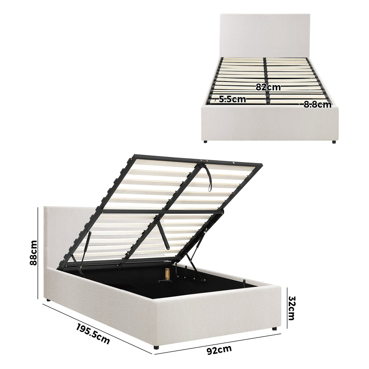 Oikiture Bed Frame Single Size Gas Lift Base With Storage White Boucle