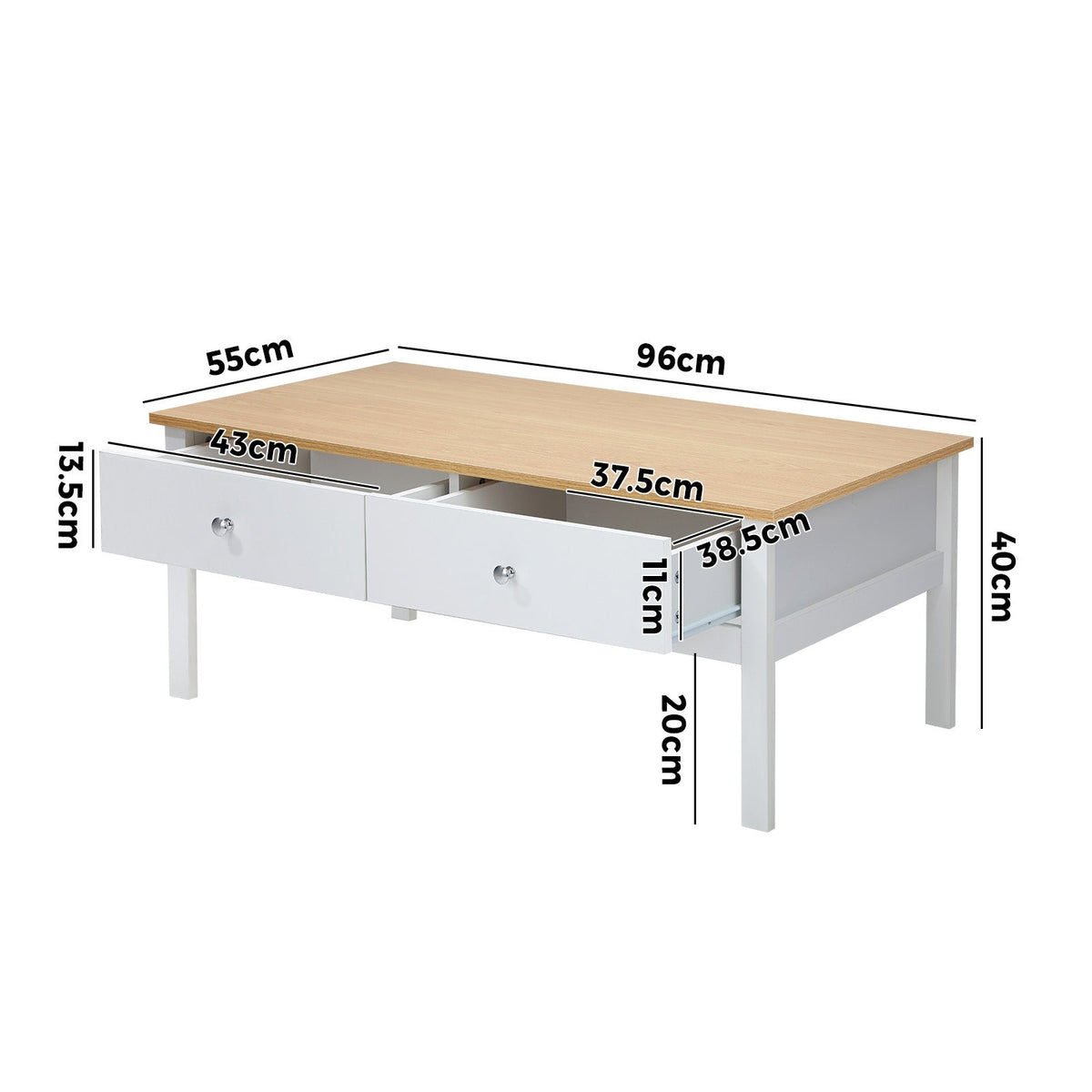Oikiture Coffee Table Storage Drawers Side Tables Sofa Cafe Desk Natural White