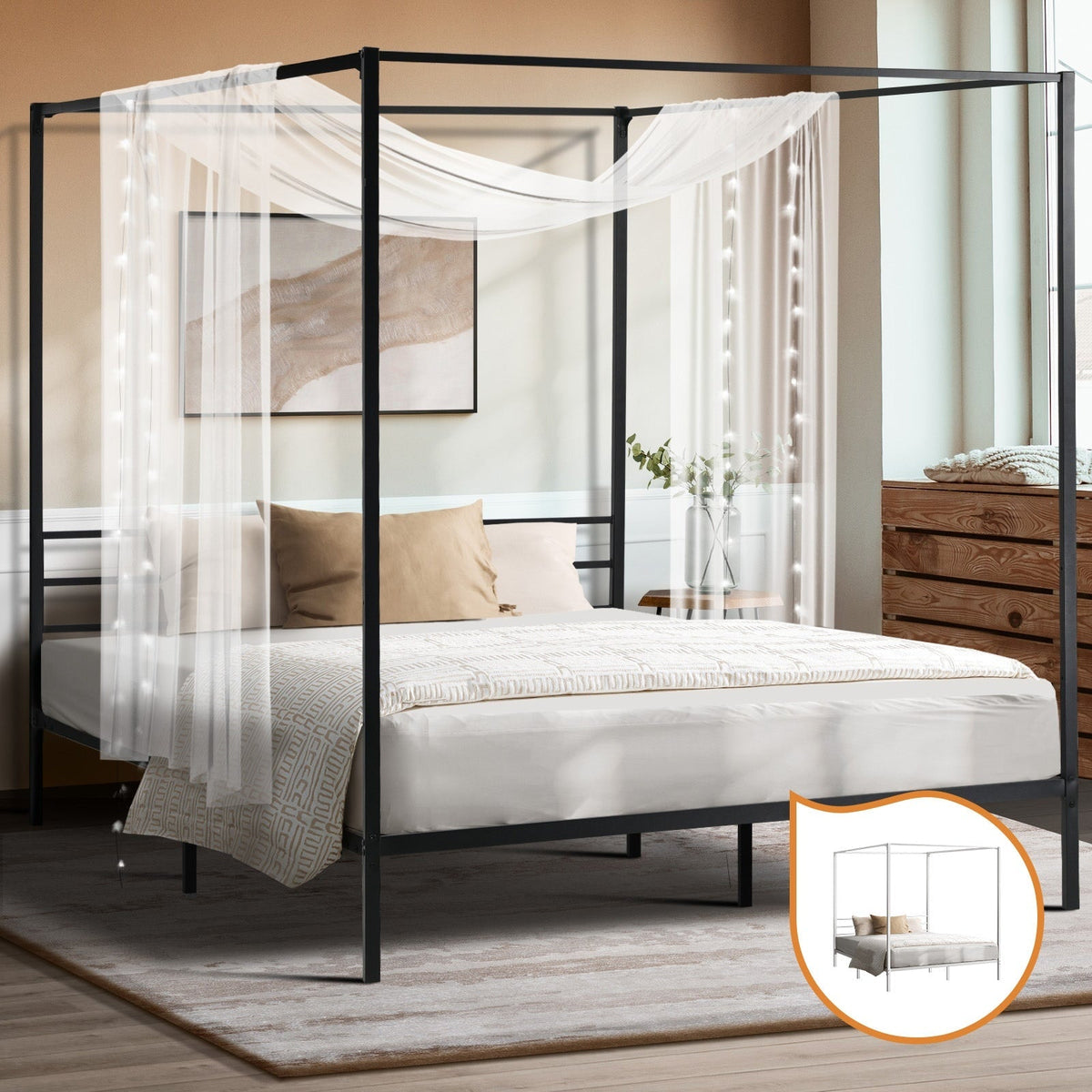 Oikiture Metal Bed Frame Queen Double Single Size Canopy Beds Platform
