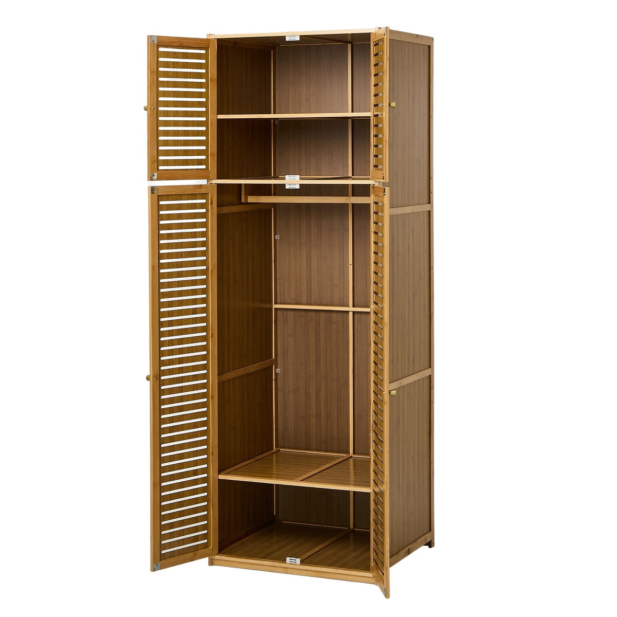 Oikiture Bamboo Wardrobe 4 Doors Clothes Storage Cabinet Hanging Rod Natural